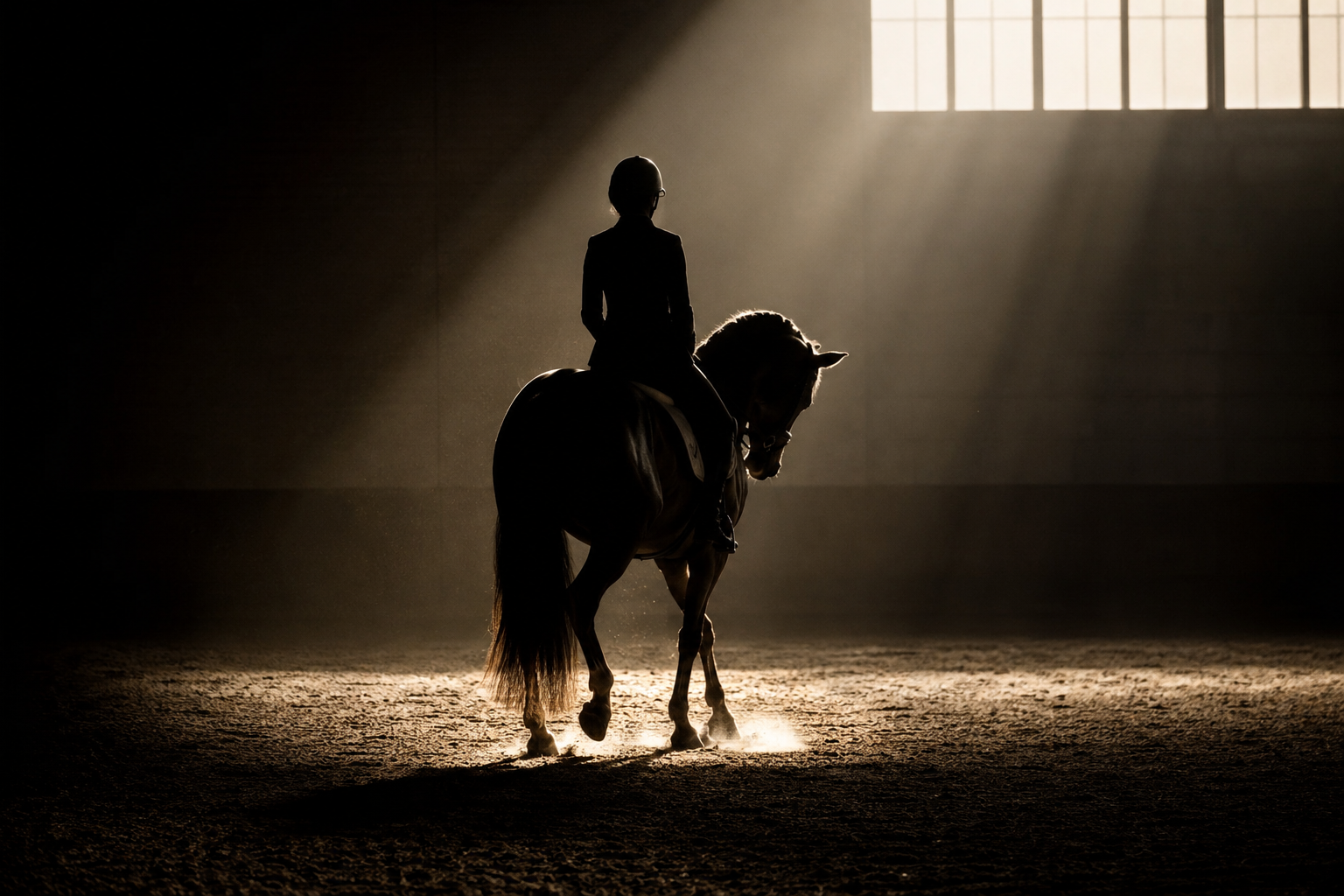 Cavalière de dressage équestre dans un manège